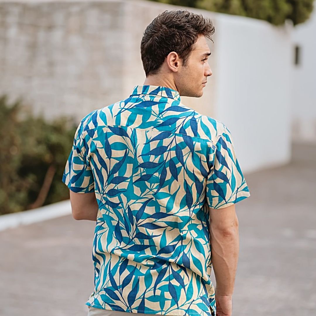 Camisa de hombre de algodón con estampado de hojas azules Isla Bonita
