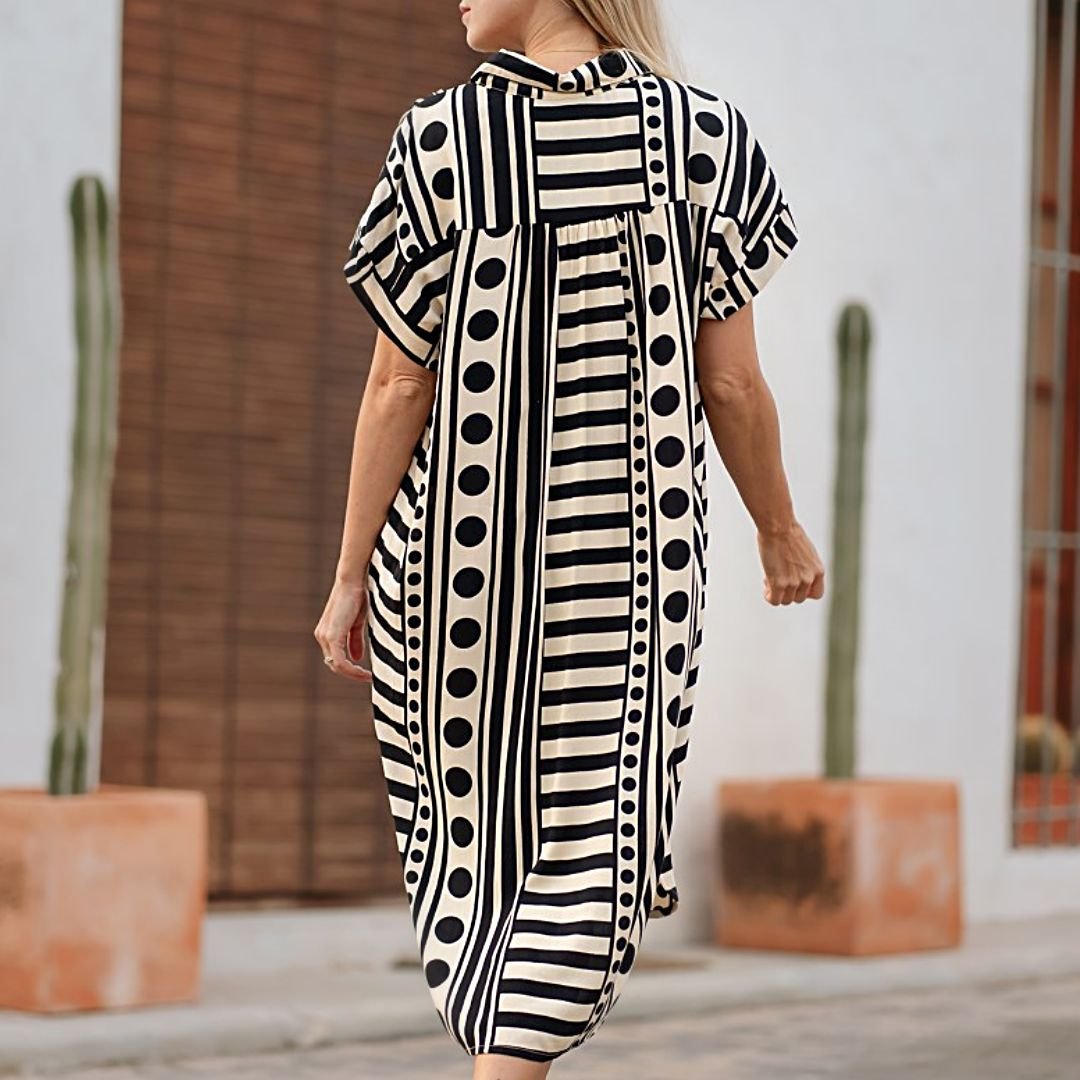 Vestido camisero mujer Isla Bonita en rayón con estampado de rayas y lunares negro y beige