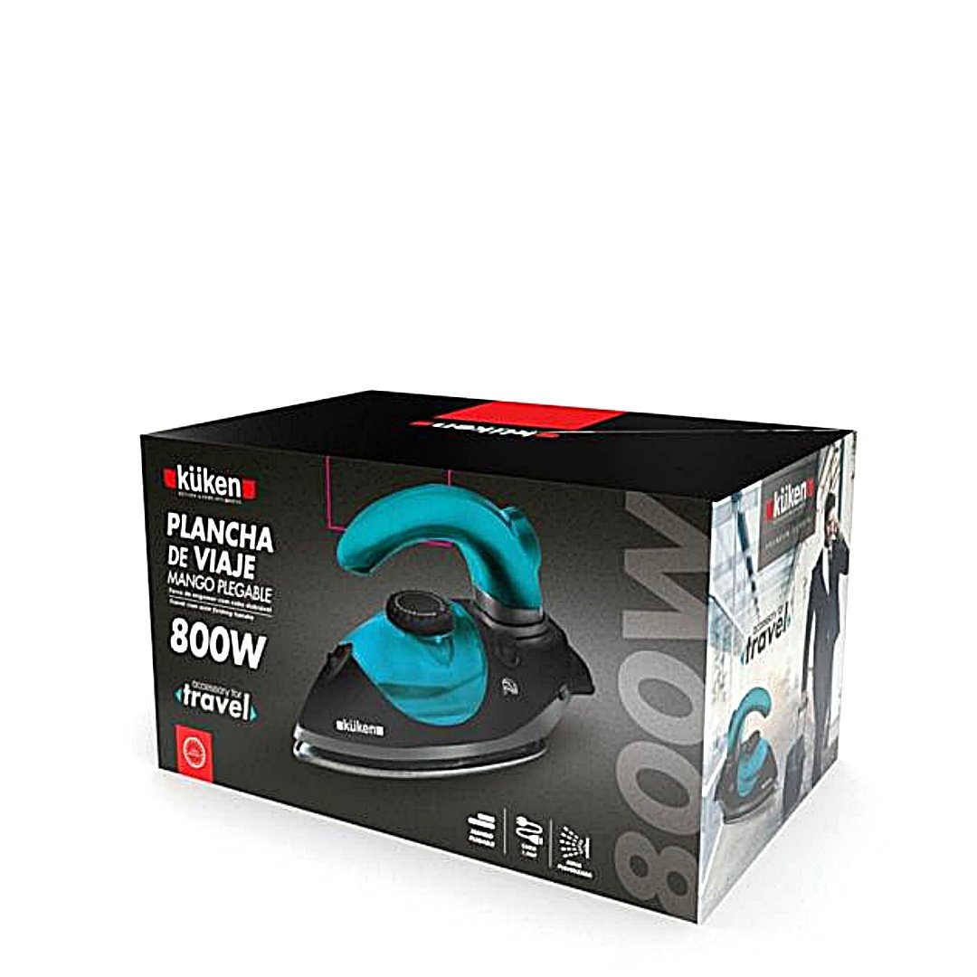 Plancha de viaje de vapor Küken 800 W color negro y verde, diseño compacto con mango plegable, ideal para vacaciones.
