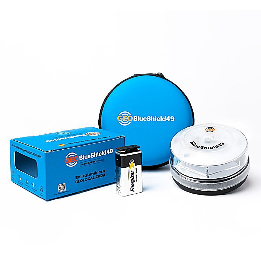 Baliza de emergencia conectada V16 modelo GEO BlueShield49 de Garza, fabricada 100 % en España, con estuche rígido y linterna de regalo. Alta calidad, testigo de conectividad y visibilidad real.