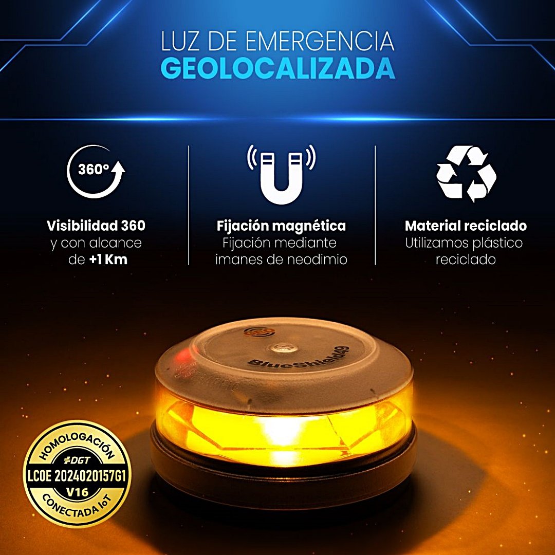 Baliza geolocalizada V16 Garza BlueShield49 con linterna LED de regalo, estuche rígido y fijación magnética y por ventosa