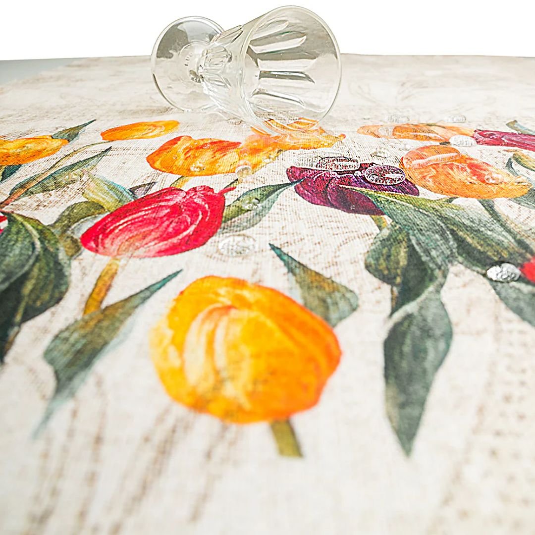 Mantel Holanda Canellas 100% algodón hidrófugo con estampado de tulipanes en los laterales en medida 150x200 cm.