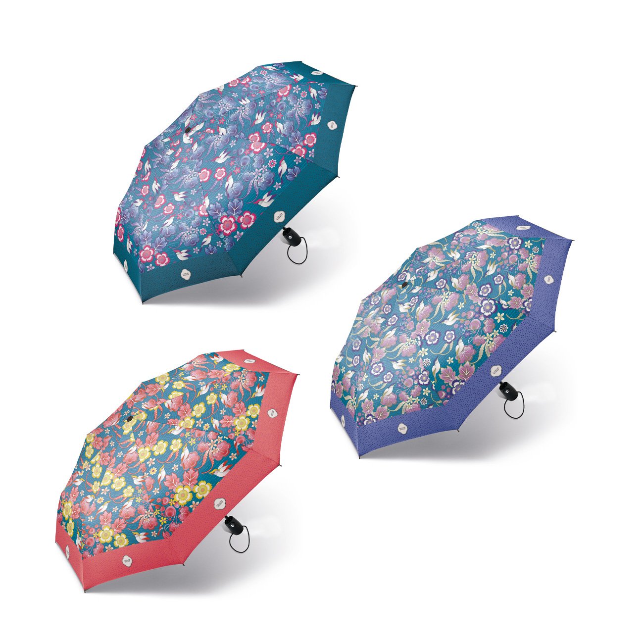 Paraguas plegable automatico de tres colores con estampado de pajaros Soldadinho de Catalina Estrada