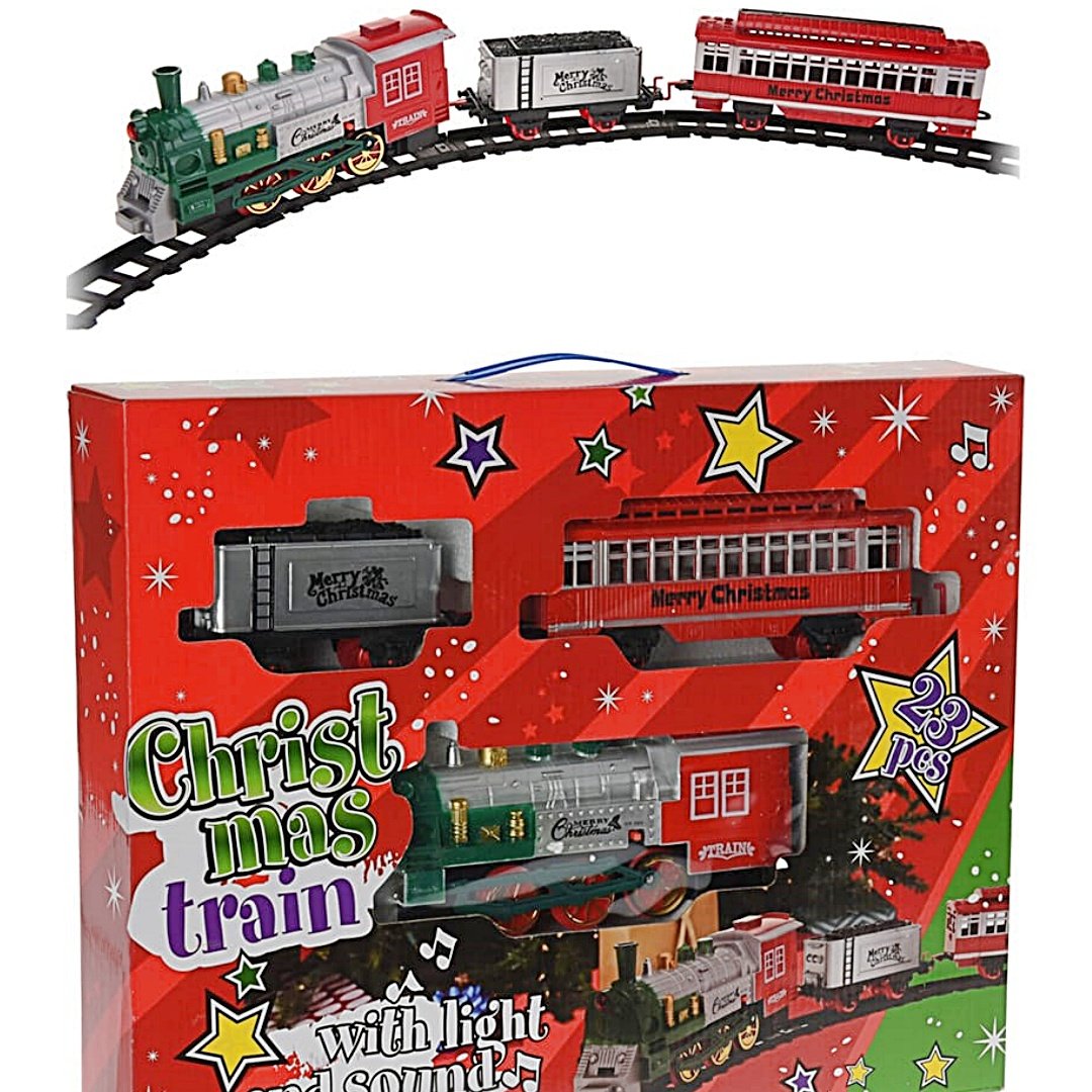 Tren de Navidad con luces y sonido de 23 piezas sobre vía circular de 330 cm. Ideal como juguete infantil o para decorar la base del árbol de Navidad.