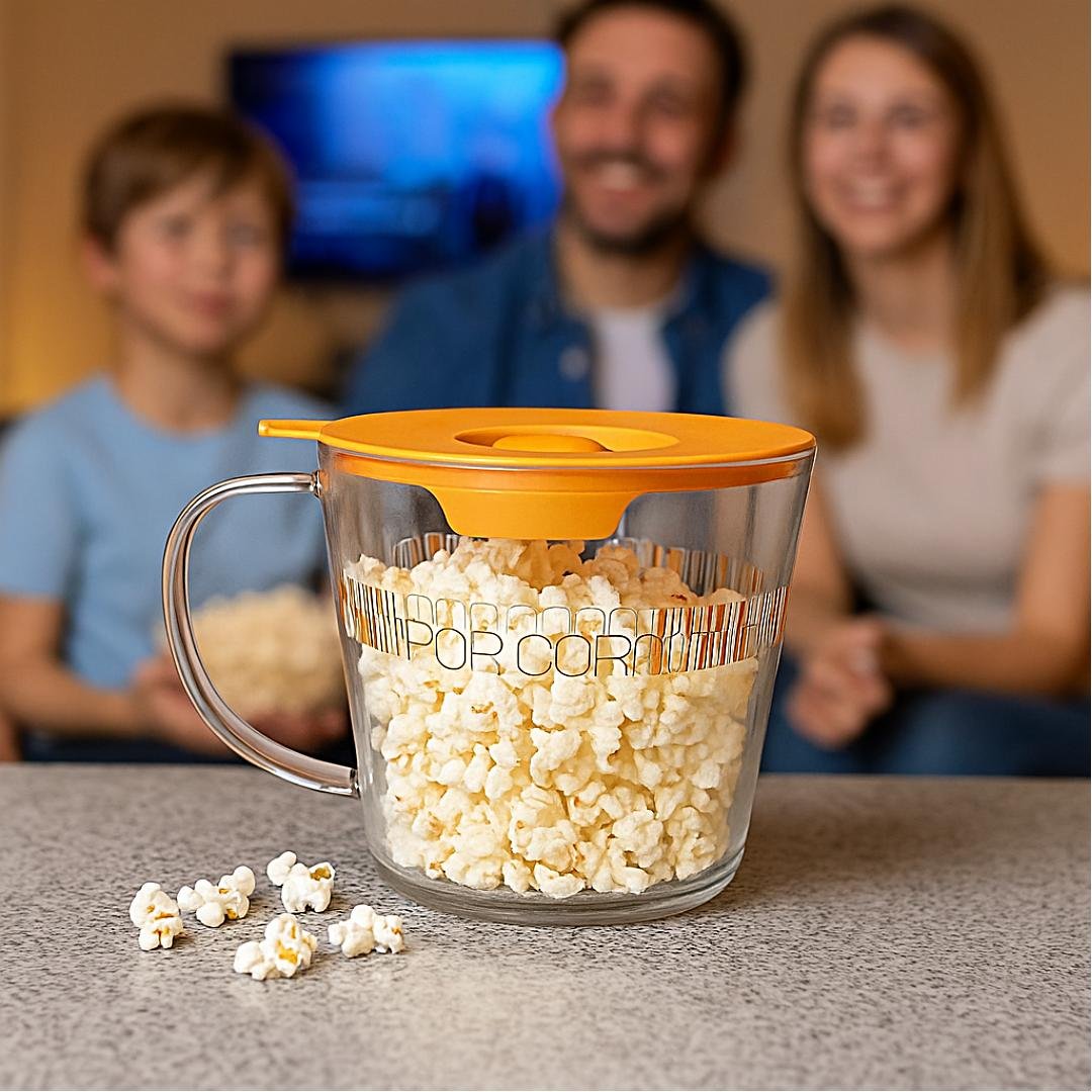 palomitero de cristal Ibili con tapa naranja y palomitas recién hechas sobre mesa, familia al fondo disfrutando de una película en casa