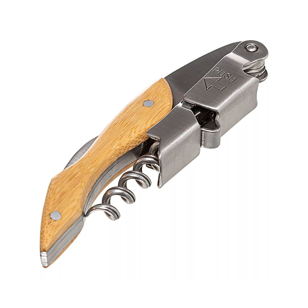 sacacorchos camarero madera bambu acero doble apoyo cuchillo abrebotellas