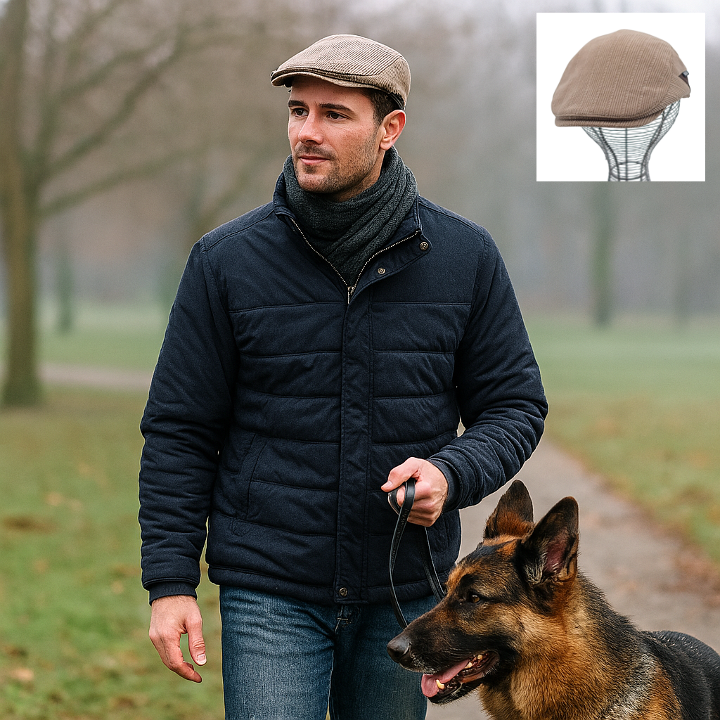 hombre con visera Coronel Tapiocca color beige paseando con perro por parque en día frío, chaqueta azul y bufanda oscura