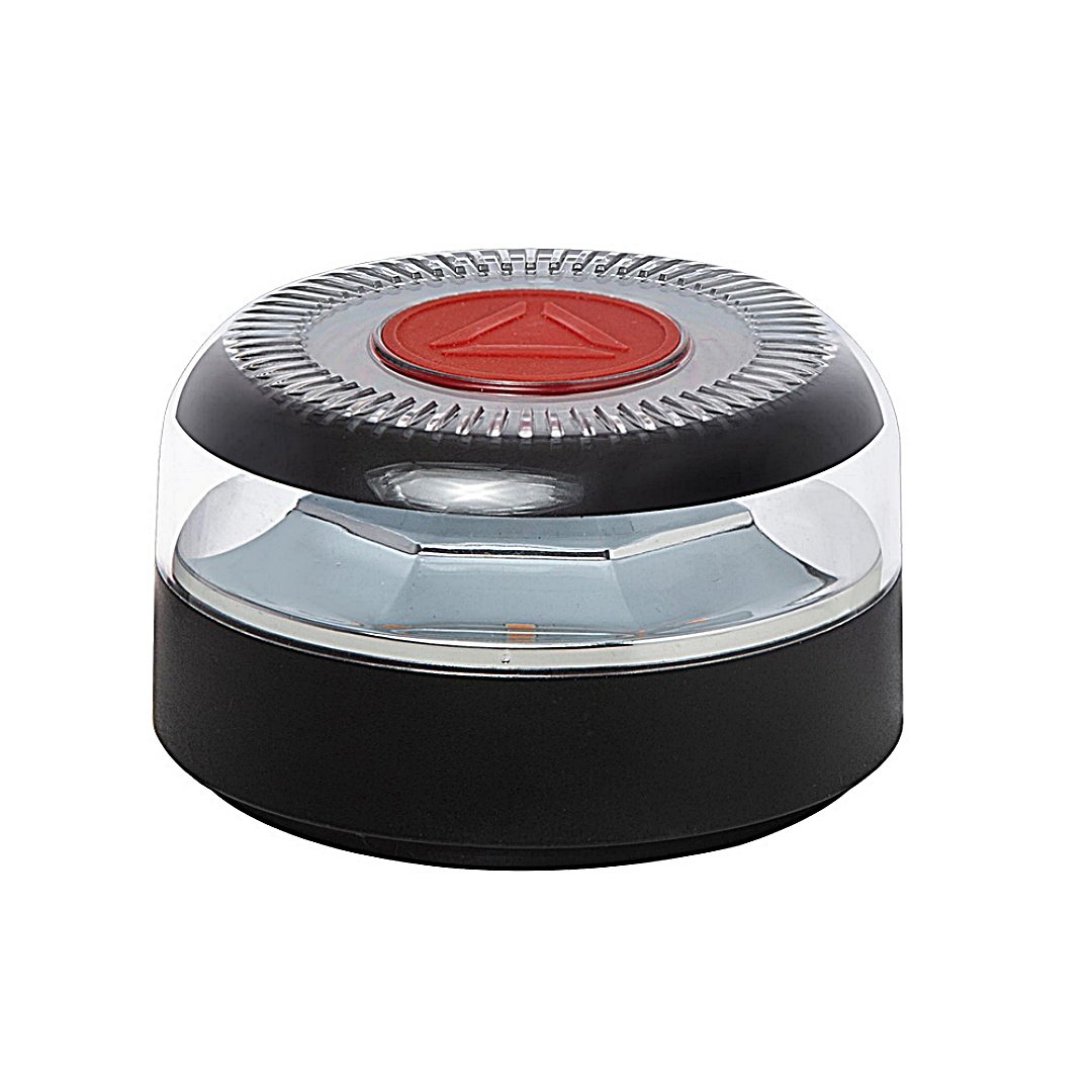 Baliza de emergencia V16 conectada Tikuak con base magnética, geolocalizable, IP54, alimentada por pilas AA. Vista superior y detalle del botón de activación roja.