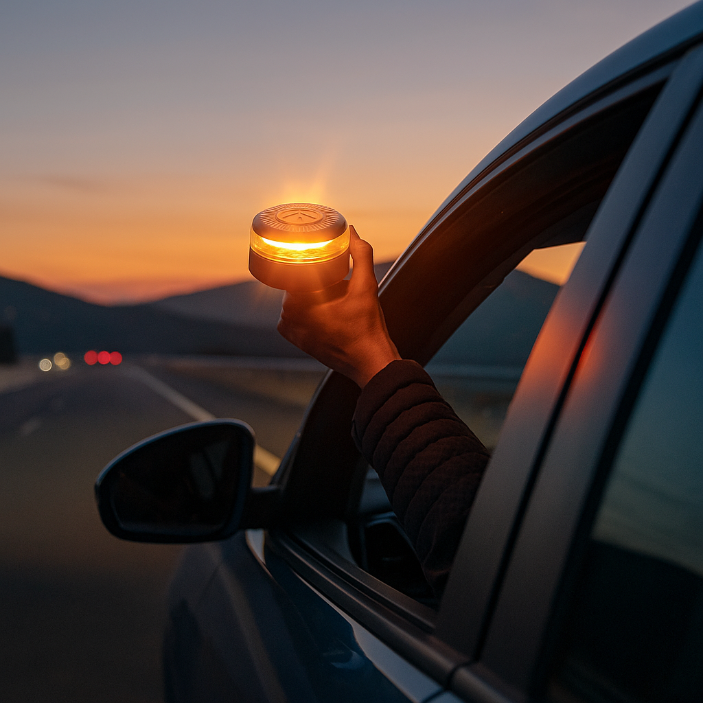 Conductor colocando una baliza de emergencia conectada sobre el techo del coche al atardecer, con la mano fuera de la ventanilla. Imagen representativa de uso real en carretera.