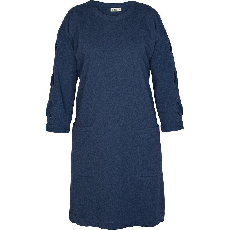 Vestido de mujer Batela A2005 en algodón grueso color marino, manga larga con detalle de cuerdas decorativas, corte ajustado y largo a la rodilla
