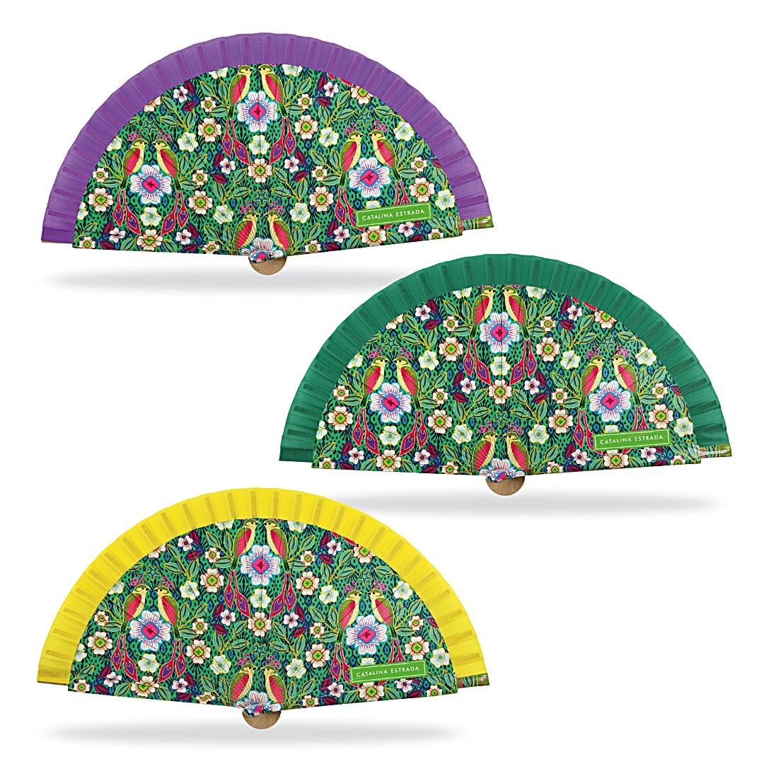 abanicos catalina estrada flores y pájaros de colores en madera y tela 23 cm