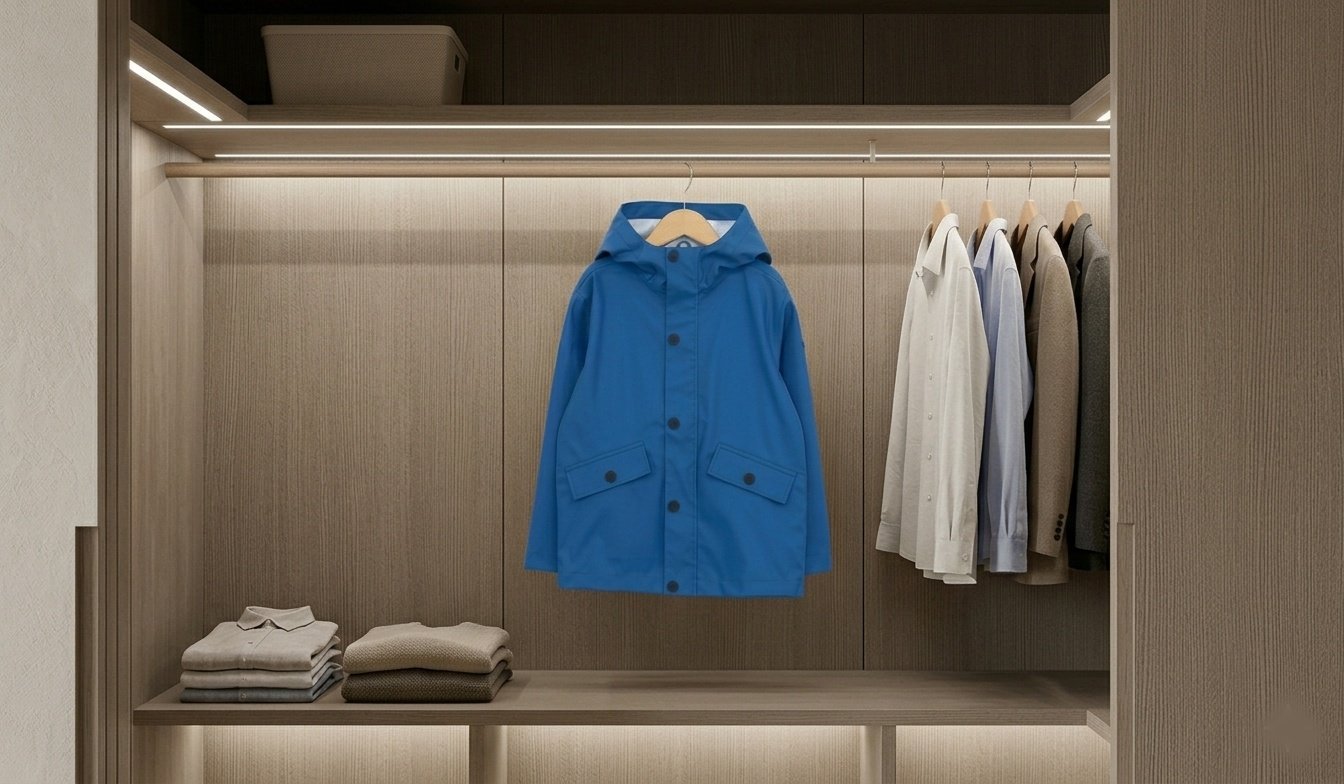 Chubasquero Batela guardado en percha en un armario seco y ventilado