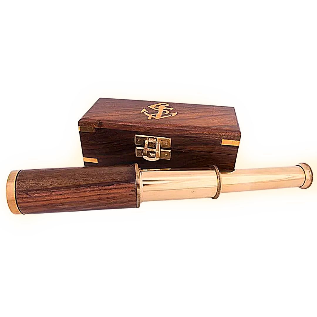 Telescopio decorativo latón y madera Batela 26 cm con caja de madera decoración marinera