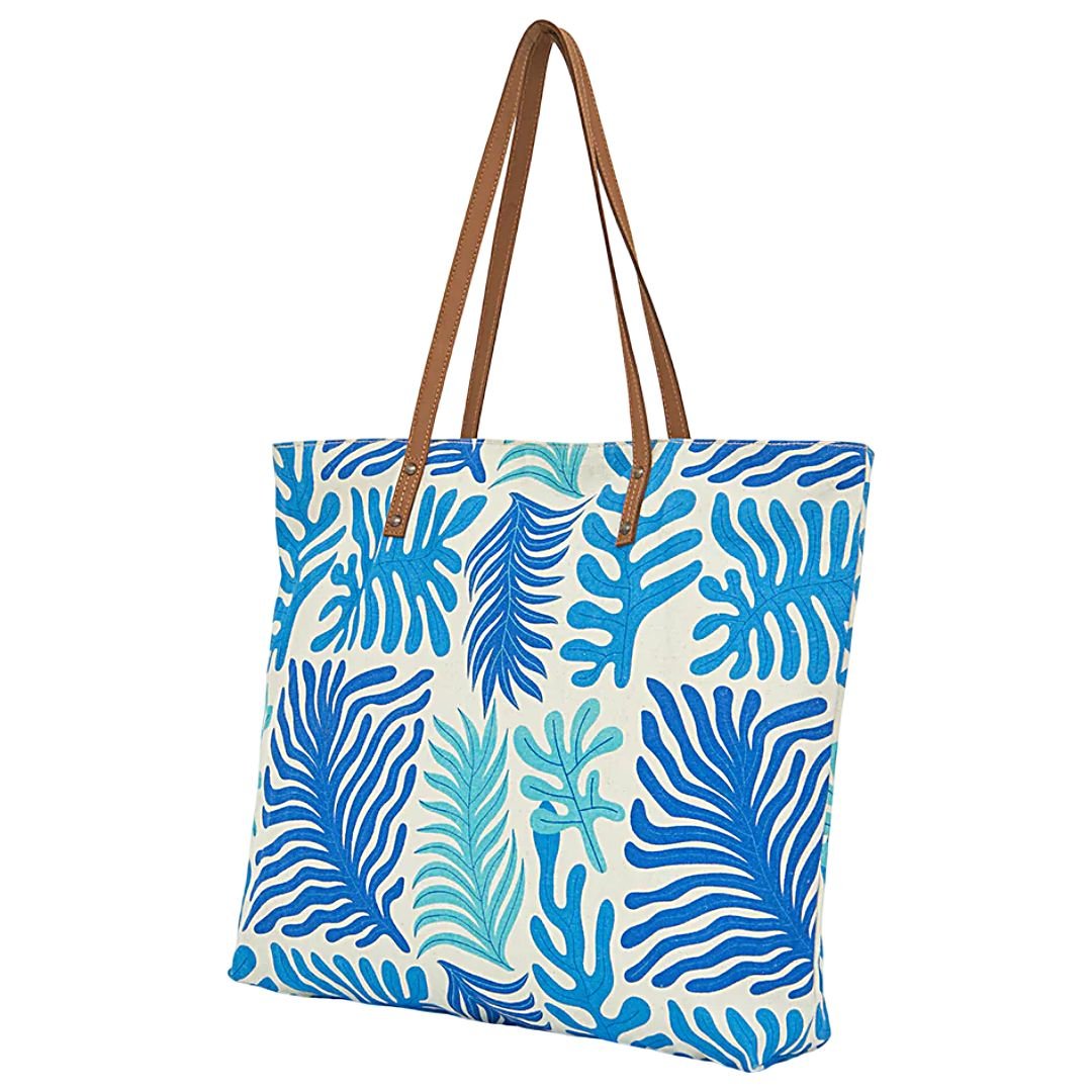 Bolso grande de algodón estampado algas azules Batela D7881 con asas largas y gran capacidad