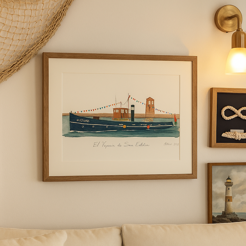 lámina ilustrada del remolcador El Vaporín de San Esteban enmarcada en pared con luz cálida, decoración marinera y cuadro de faro al lado