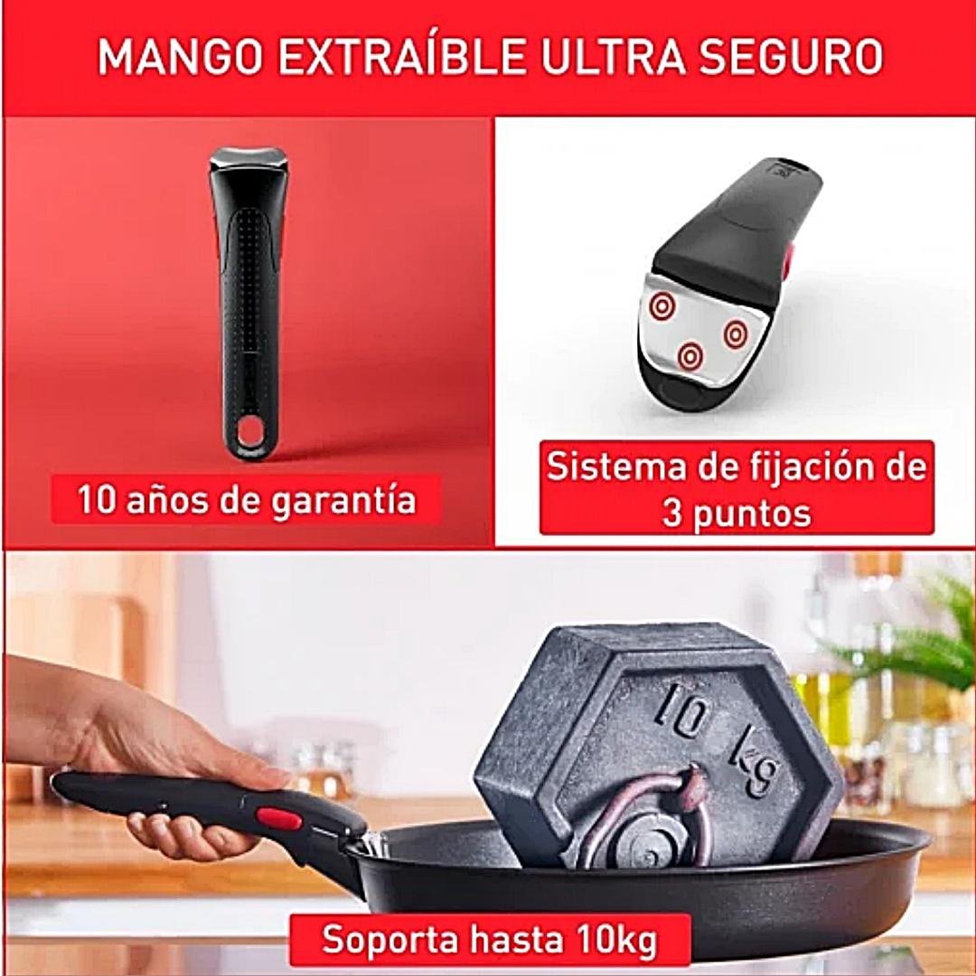Batería de cocina Tefal Ingenio Easy de 13 piezas con sartenes, cazos y mangos extraíbles, apilada. Casa Reinal.