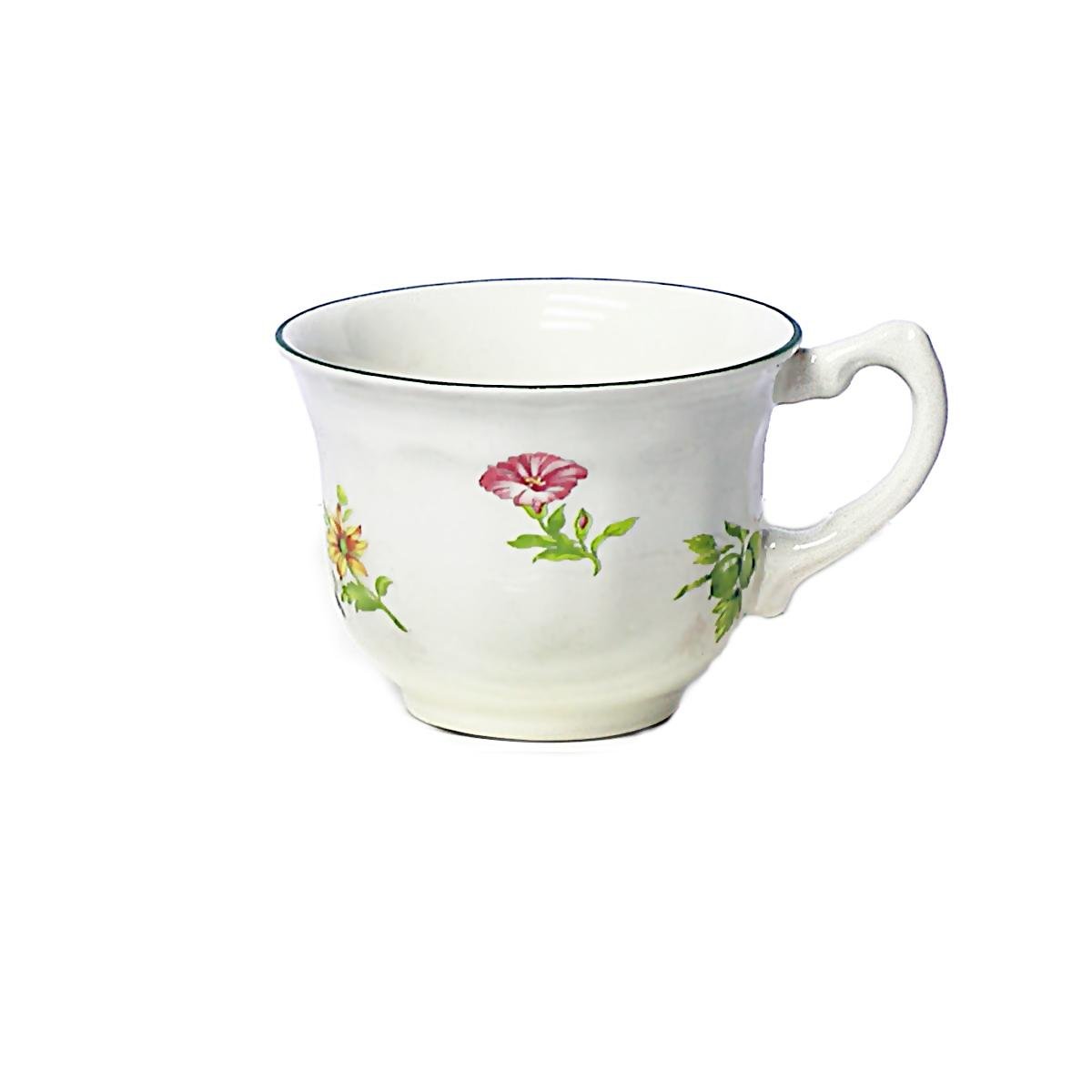 taza de café San Claudio colección Flores y Frutas, cerámica blanca decorada con flores de colores sobre fondo blanco