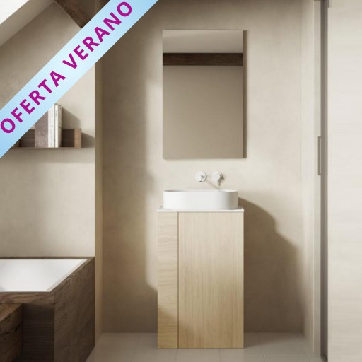 Mueble de baño Bassi 1 puerta a suelo solid surface sobre encimera promocion de Royo