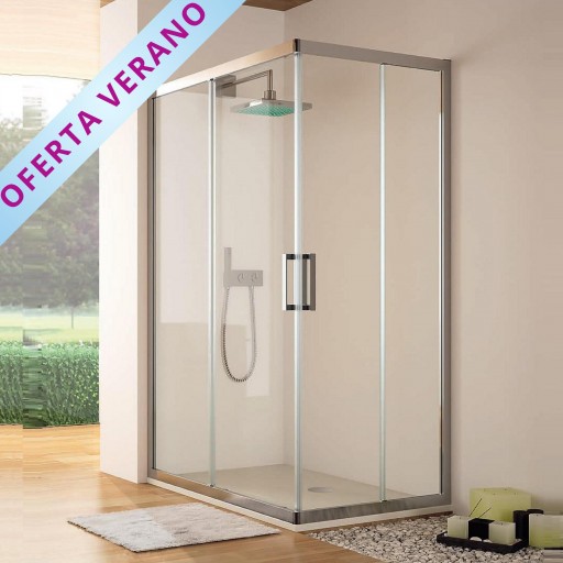 Mampara angular Serie 300 2 hojas correderas + 2 hojas fijas plata brillo para ducha de Kassandra