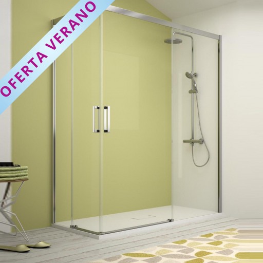 Mampara angular Serie 400 2 hojas correderas + 2 hojas fijas plata brillo para ducha de Kassandra