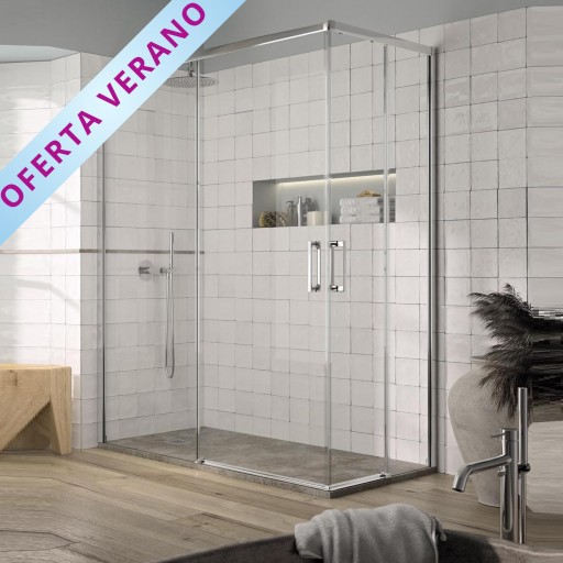 Mampara angular Yoko 2 hojas correderas + 2 hojas fijas plata brillo para ducha de Kassandra