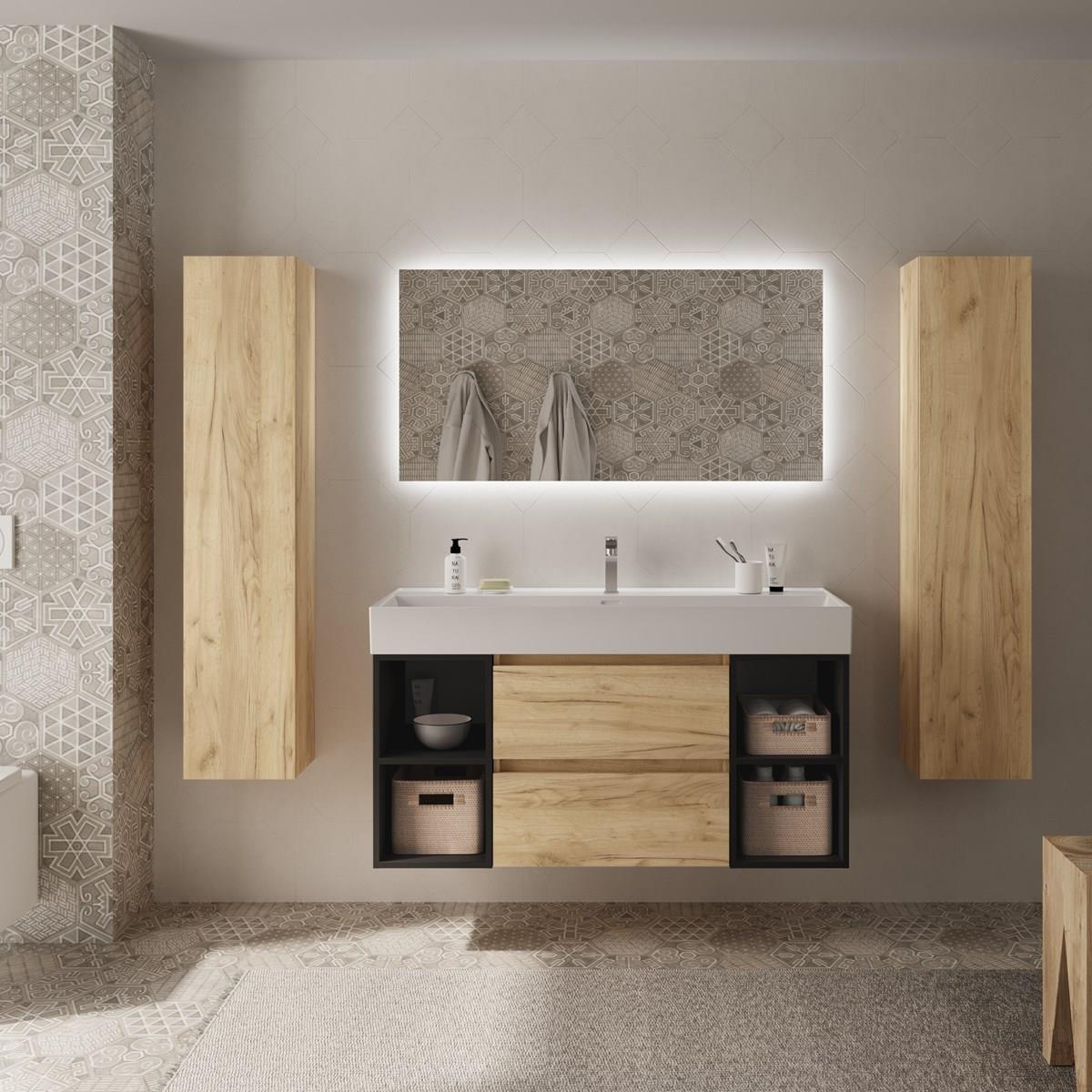 Mueble de baño Bequia Plus suspendido 2 cajones 4 huecos roble y negro mate 120cm de Salgar
