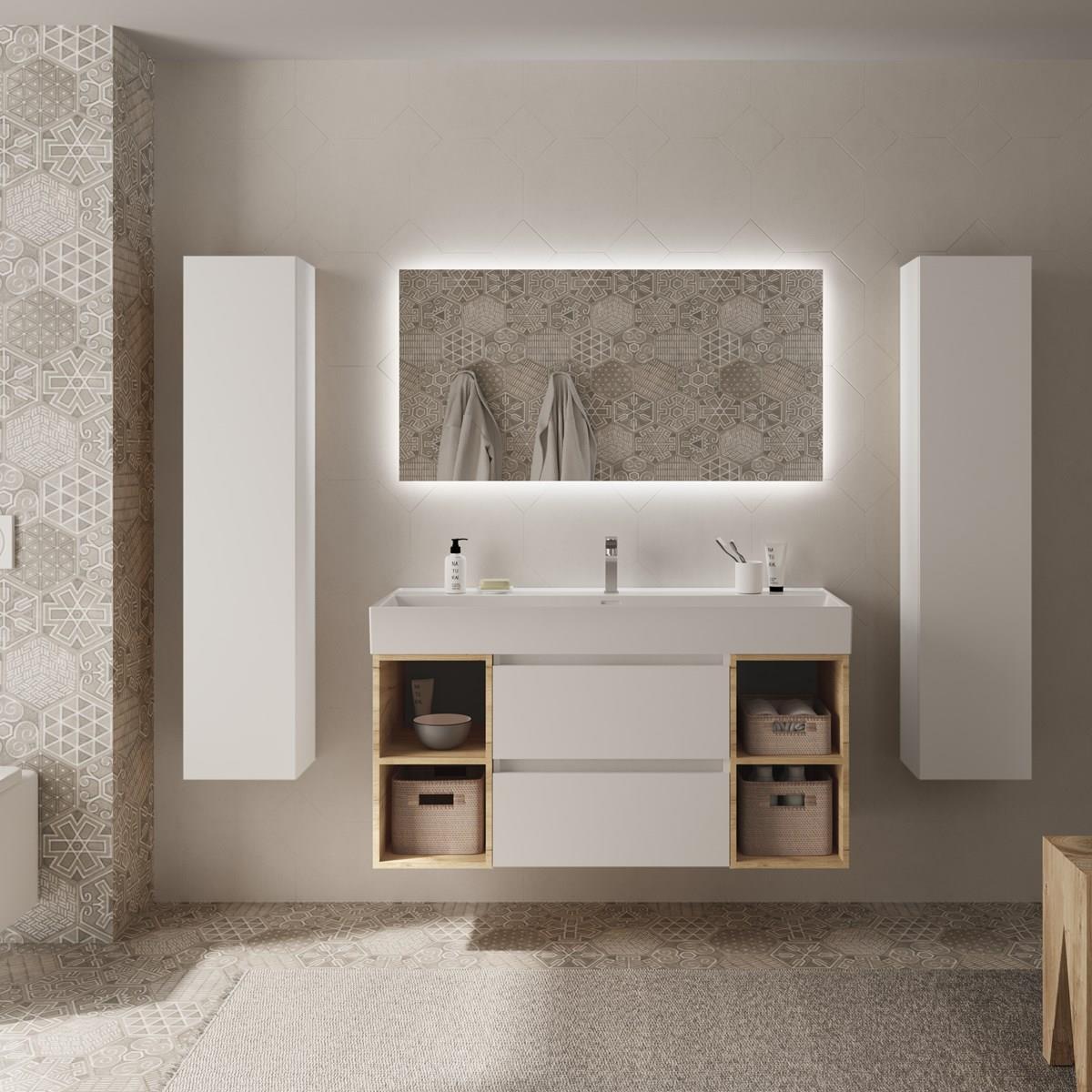 Mueble de baño Bequia Plus suspendido 2 cajones 4 huecos blanco mate y roble 120cm de Salgar