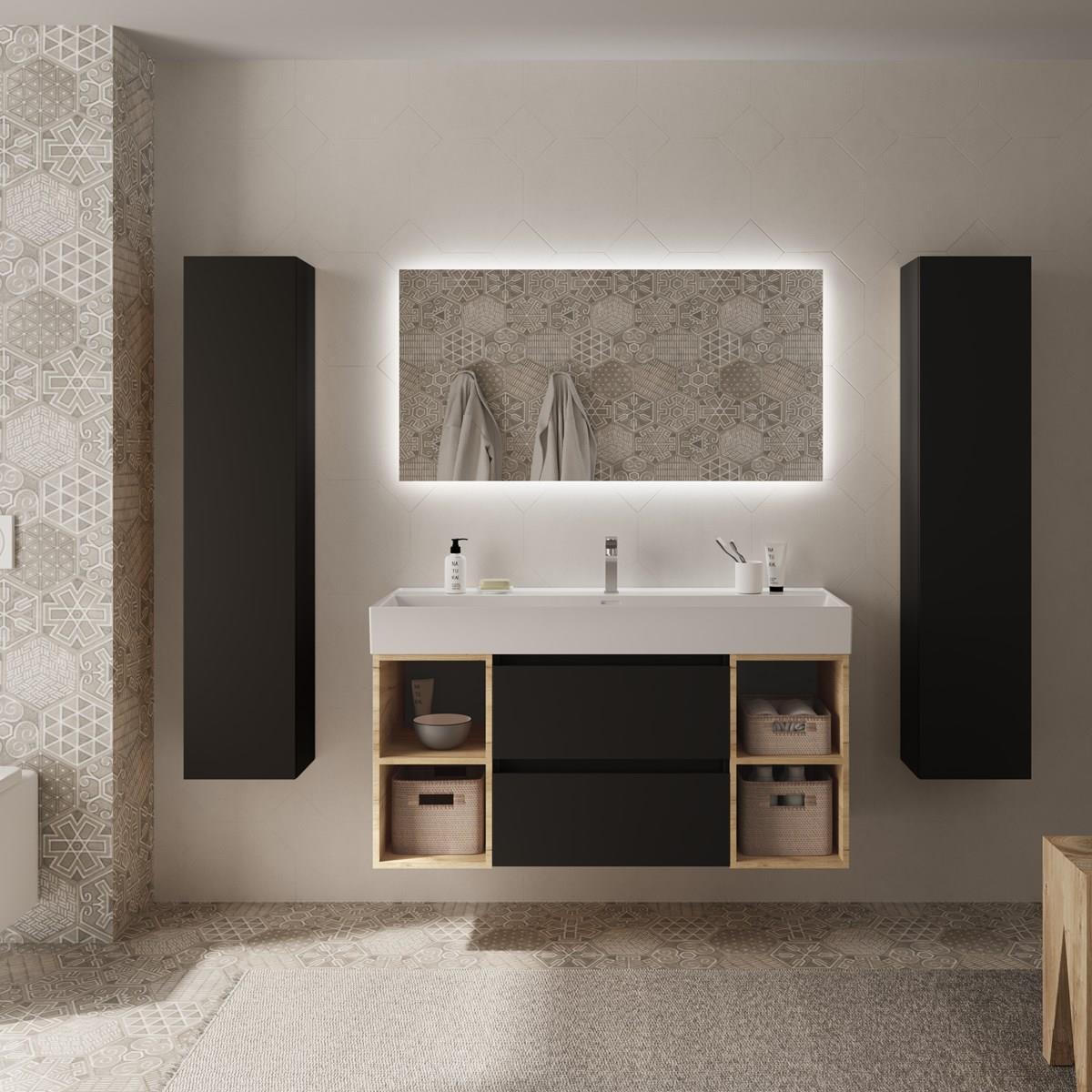 Mueble de baño Bequia Plus suspendido 2 cajones 4 huecos negro mate y roble 120cm de Salgar