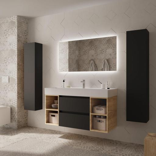 Mueble de baño Bequia Plus suspendido 2 cajones 4 huecos negro mate y roble 120cm de Salgar [1]