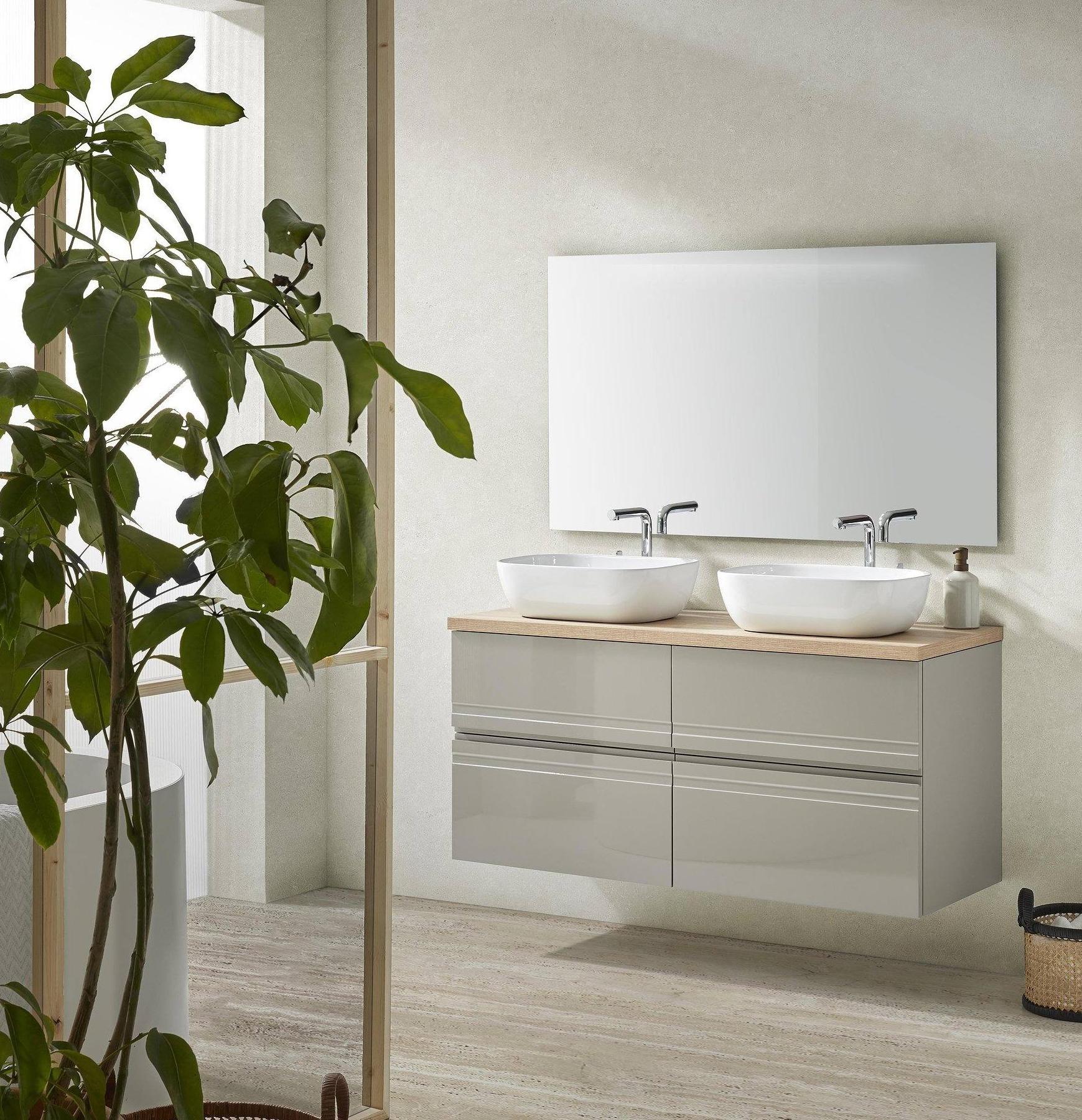 Conjunto de baño, mueble suspendido+columna+espejo+lavabo BASIC pino  blanco, 70 x