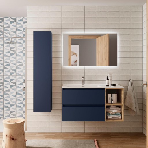 Mueble de baño Bequia suspendido 2 cajones + 2 estantes azul satinado y roble de Salgar