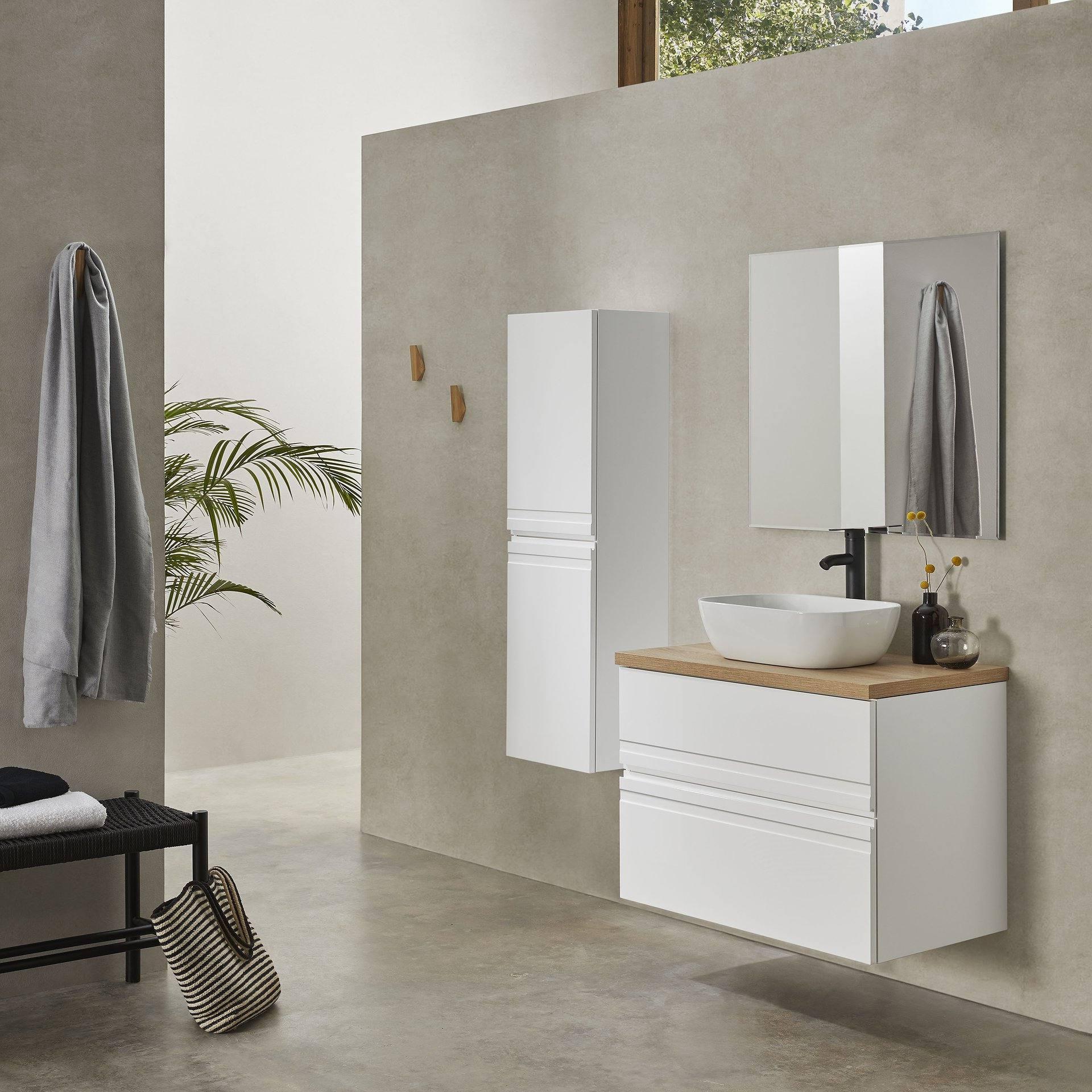 mueble de baño dos cajones y estantería, lavabo sobreencimera, espejo  redondo
