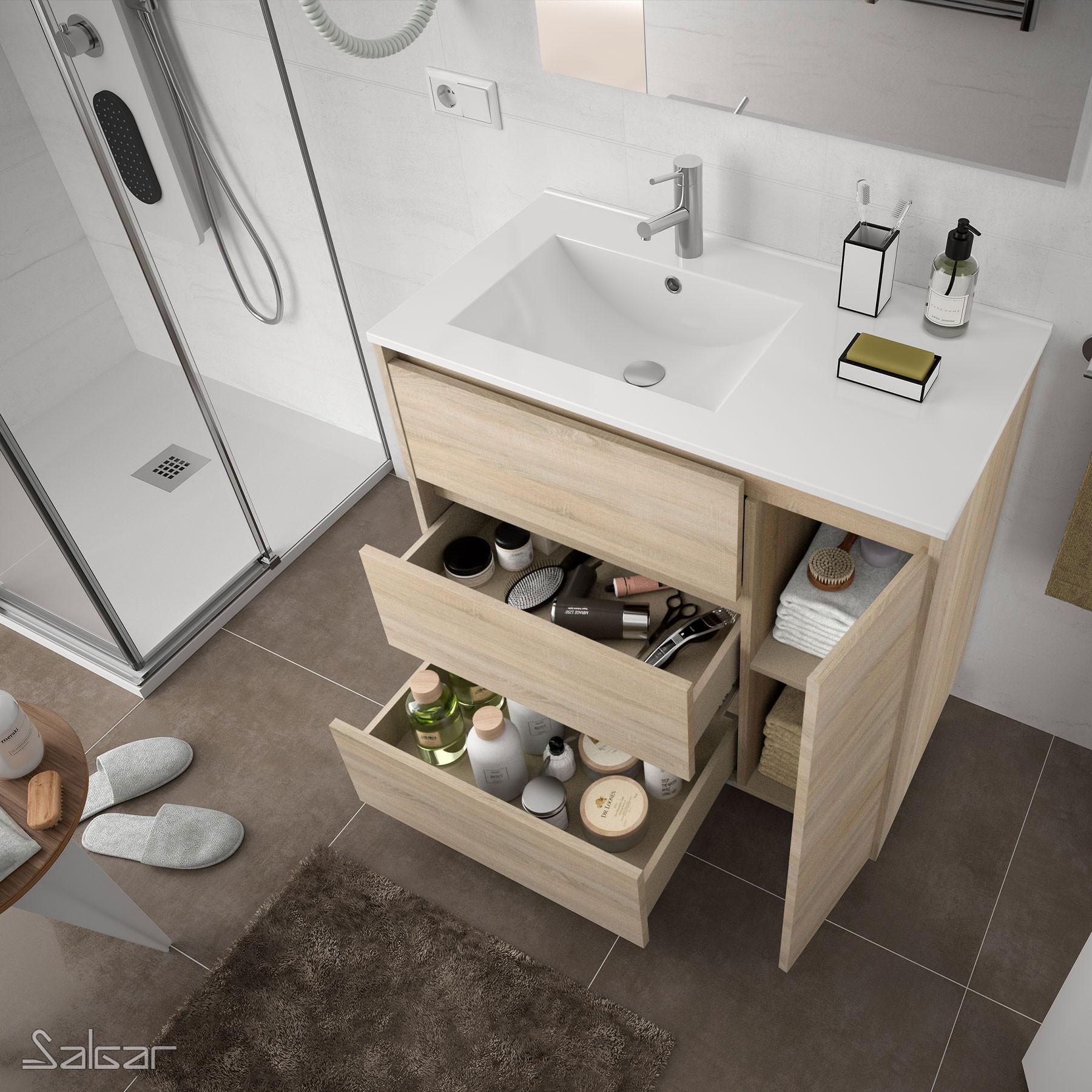 Conjunto mueble de baño NOJA 855 ROBLE CALEDONIA + Lavabo + Espejo