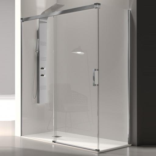 Mampara frontal Glase 1 hoja corredera + 1 hoja fija plata brillo para ducha de Kassandra