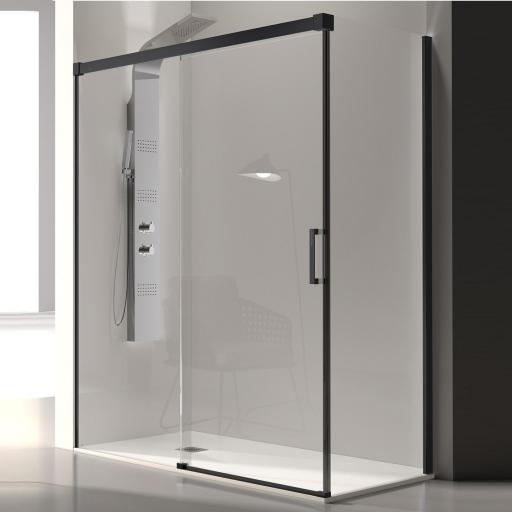 Mampara frontal Glase 1 hoja corredera + 1 hoja fija negro mate para ducha de Kassandra