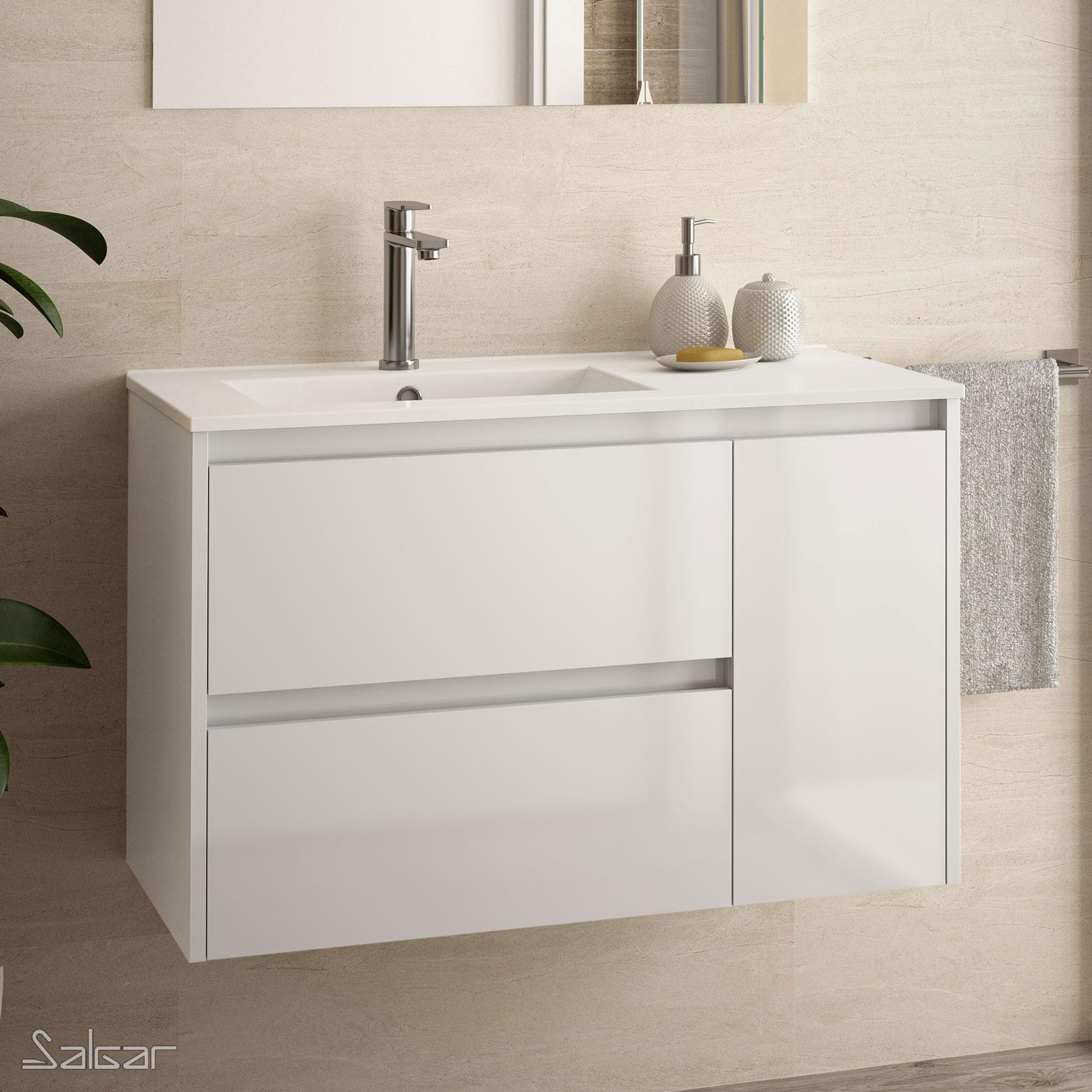 Conjunto mueble de baño NOJA 1200 BLANCO BRILLO + Lavabo + Espejo + Aplique