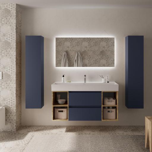 Mueble de baño Bequia Plus suspendido 2 cajones 4 huecos azul mate y roble 120cm de Salgar