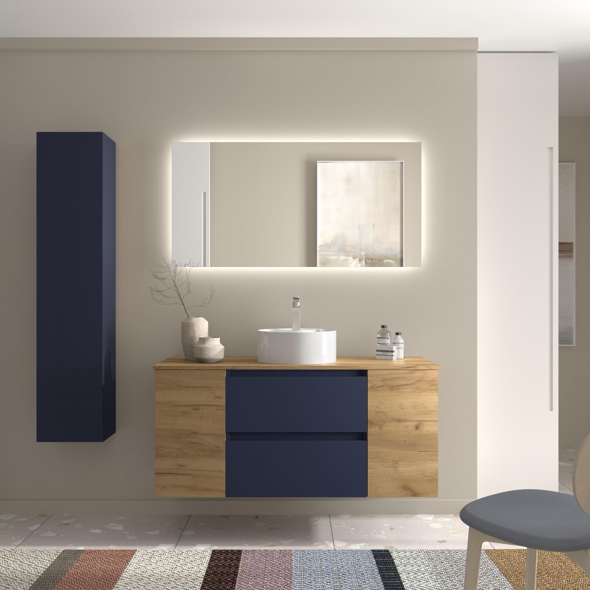 Mueble de baño sobre encimera Bequia Plus suspendido 2 cajones 2 puertas azul mate y roble 120cm de Salgar