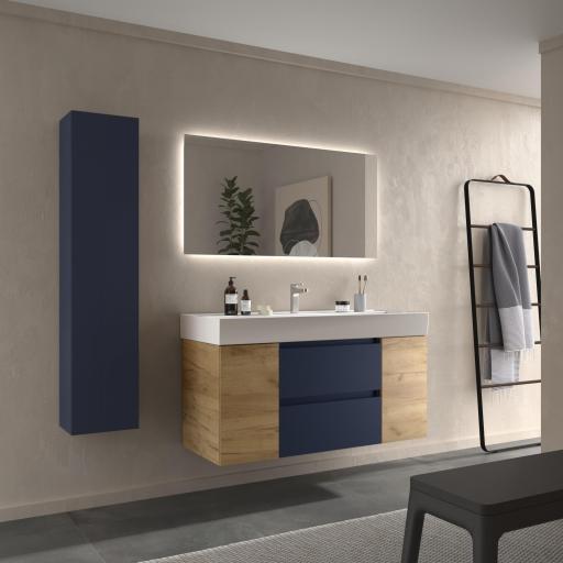 Mueble de baño Bequia Plus suspendido 2 cajones 2 puertas azul mate y roble 120cm de Salgar [1]