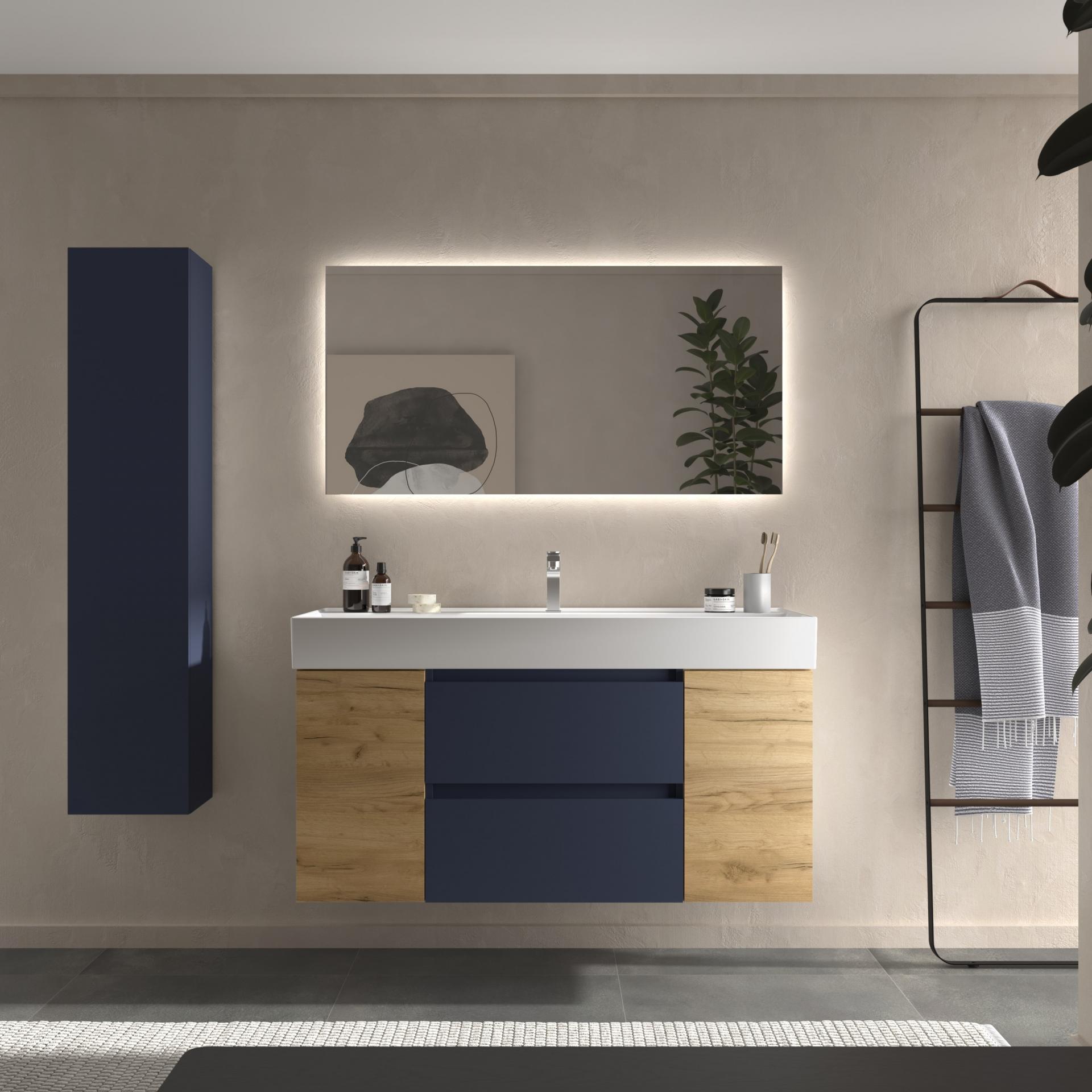 Mueble de baño Bequia Plus suspendido 2 cajones 2 puertas azul mate y roble 120cm de Salgar