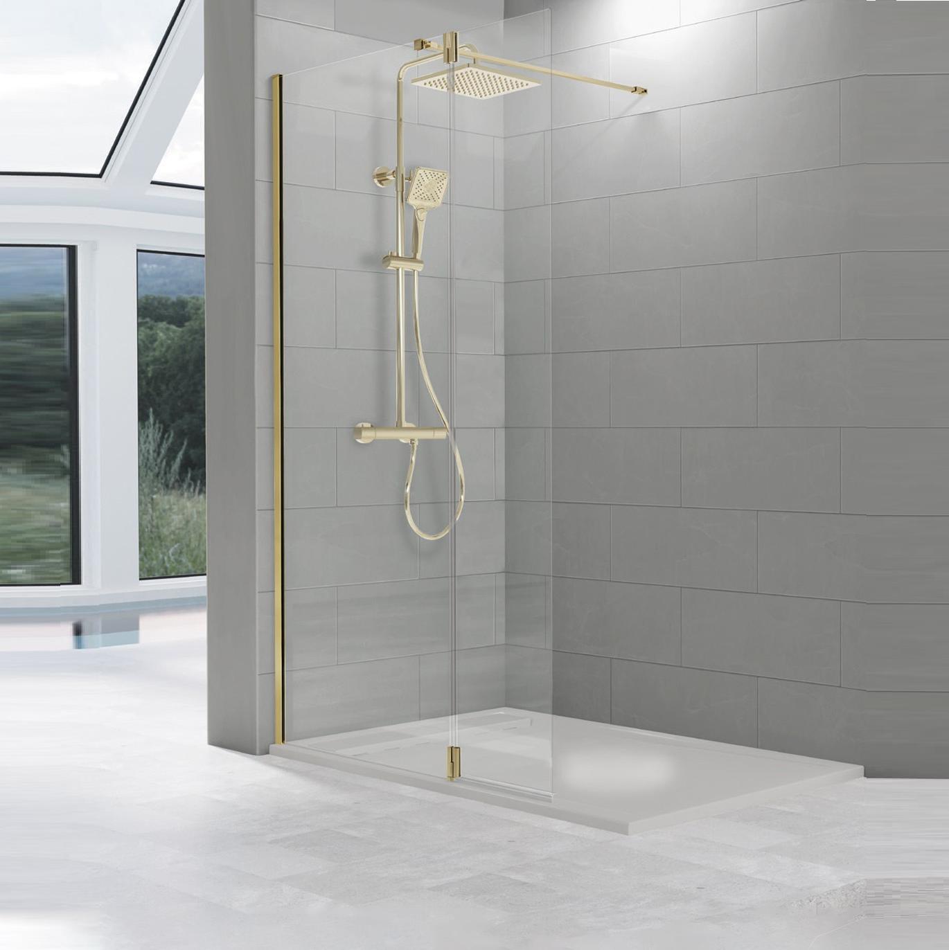 Comprar Mampara panel fijo Fresh 1 hoja fija + 1 puerta abatible oro  cepillado para ducha de Kassandra baratos
