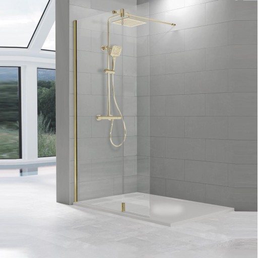Mampara panel fijo Fresh 1 hoja fija + 1 puerta abatible oro cepillado para ducha de Kassandra