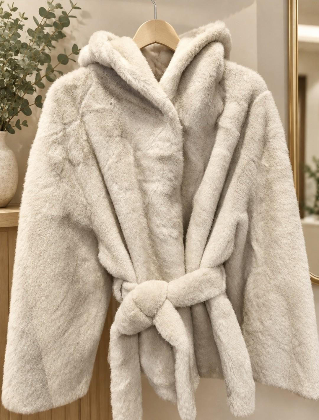 AINSA. CHAQUETÓN TIPO VISON CON CAPUCHA COLOR NATURAL