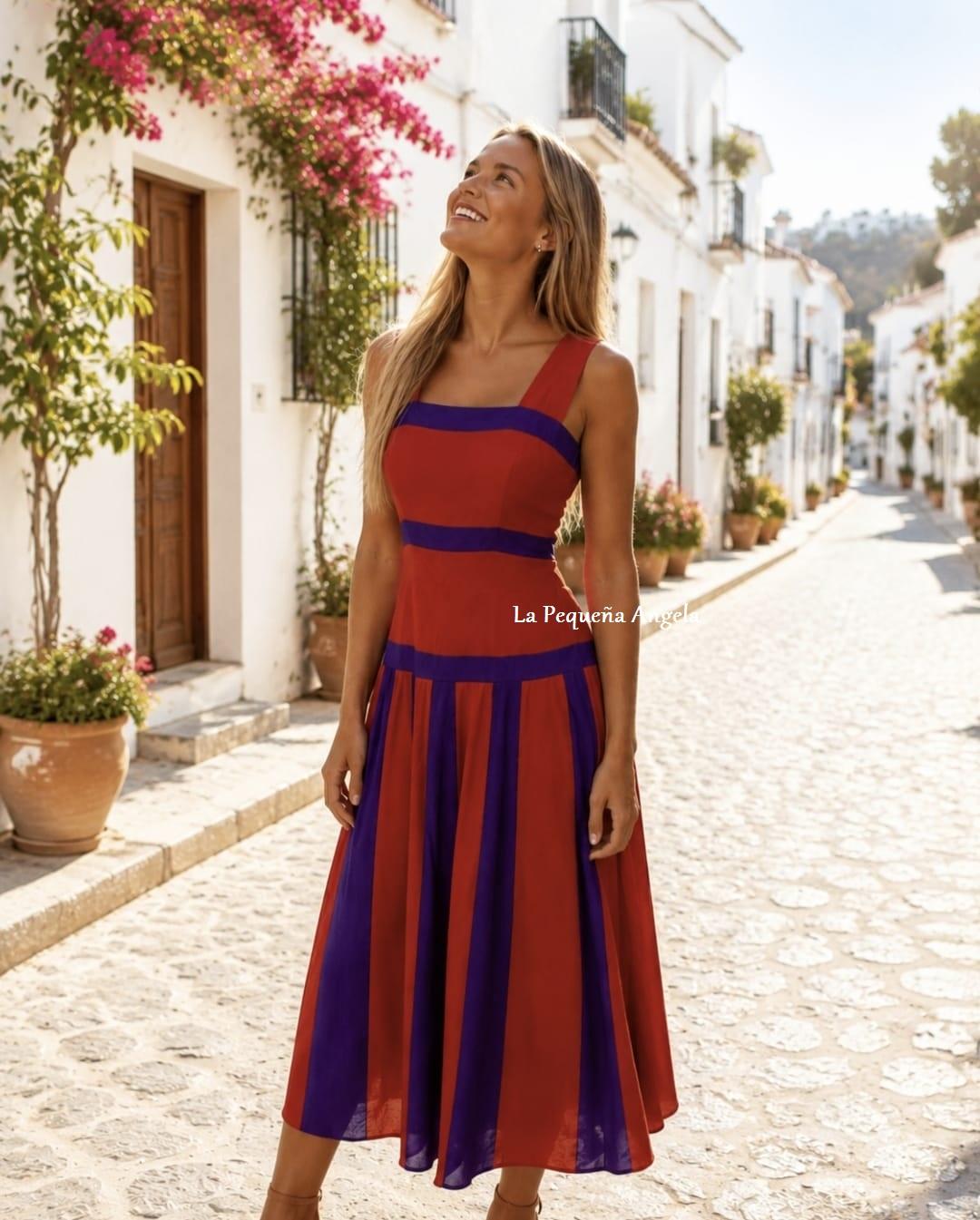 DENIA. VESTIDO TEJA-MORADO
