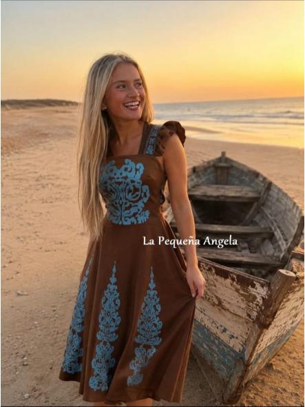 RETINO. VESTIDO MARRON Y TURQUESA