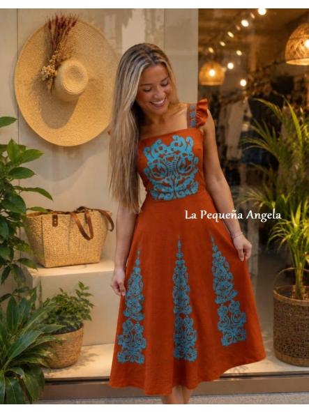 RETINO. VESTIDO EN COLOR TEJA Y TURQUESA