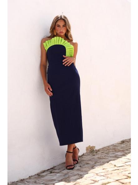 SUCRE. VESTIDO AZUL MARINO VOLANTE PISTACHO