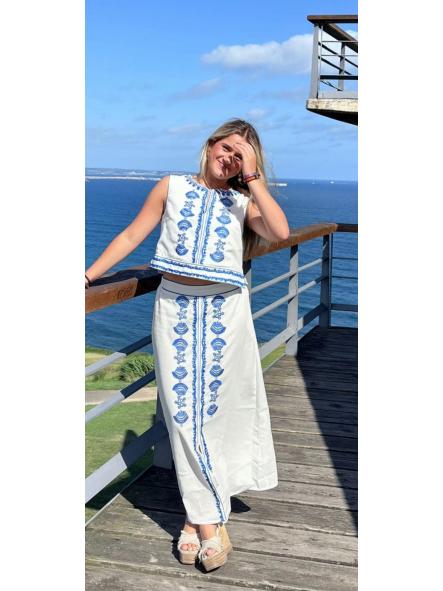 SANTORINI. CONJUNTO TOP Y FALDA BLANCO Y AZUL