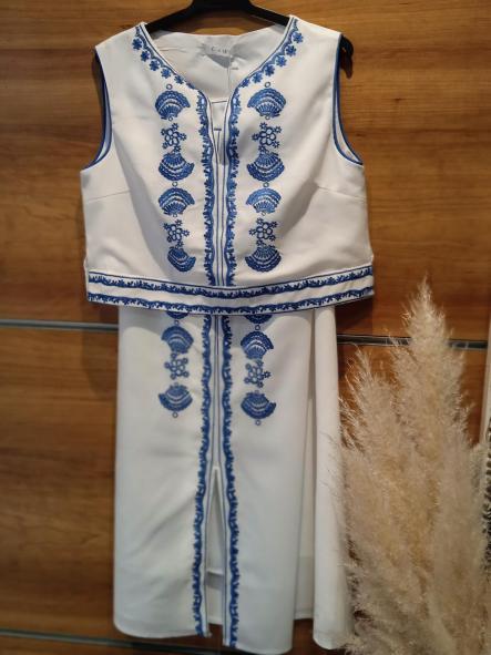 SANTORINI. CONJUNTO TOP Y FALDA BLANCO Y AZUL
