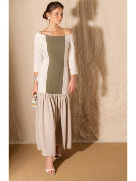 2817. VESTIDO MIDI VERDE, BEIGE y TOSTADO [1]